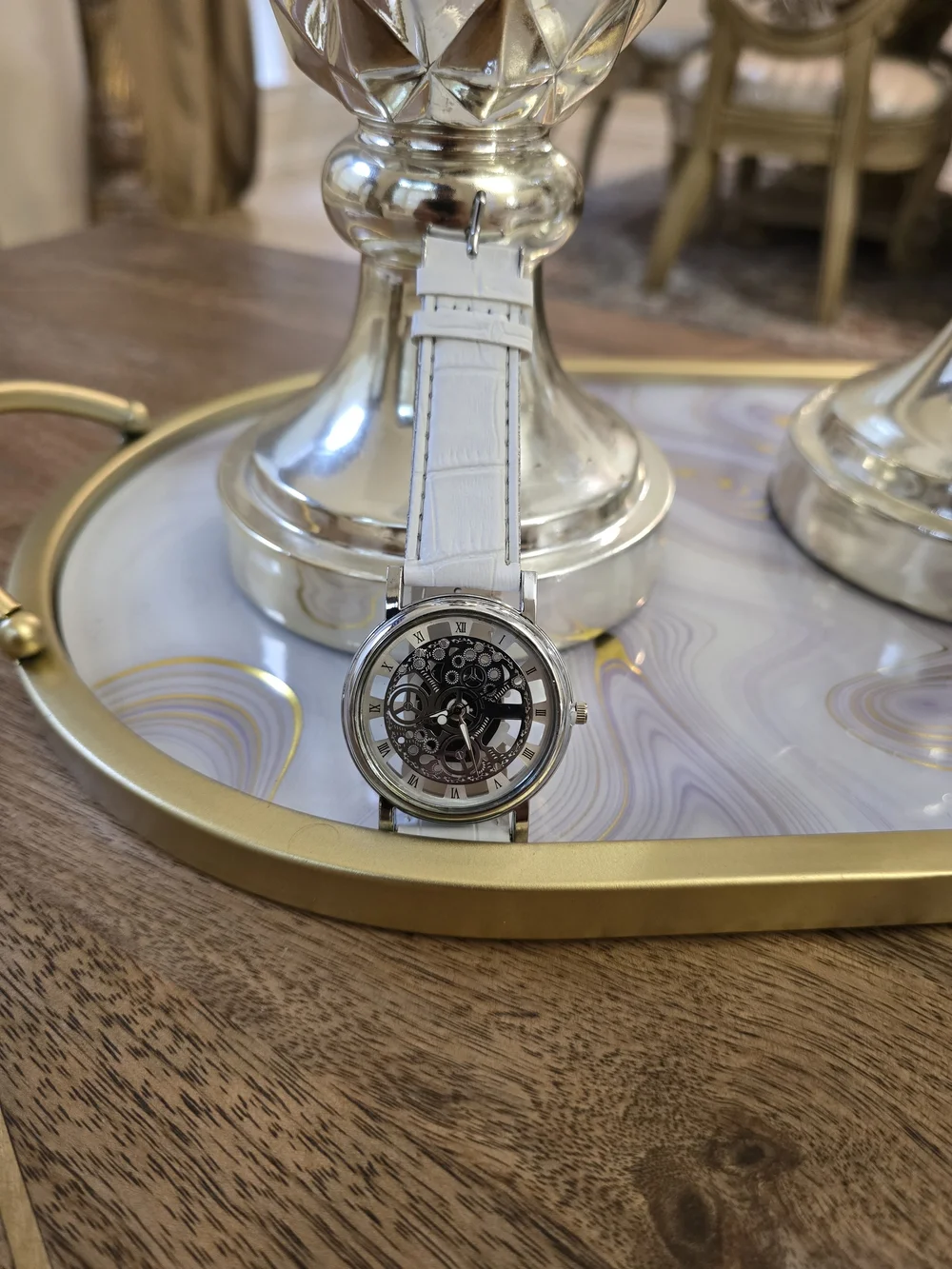 White Strap Silver-Tone Skeleton Mechanical Watch